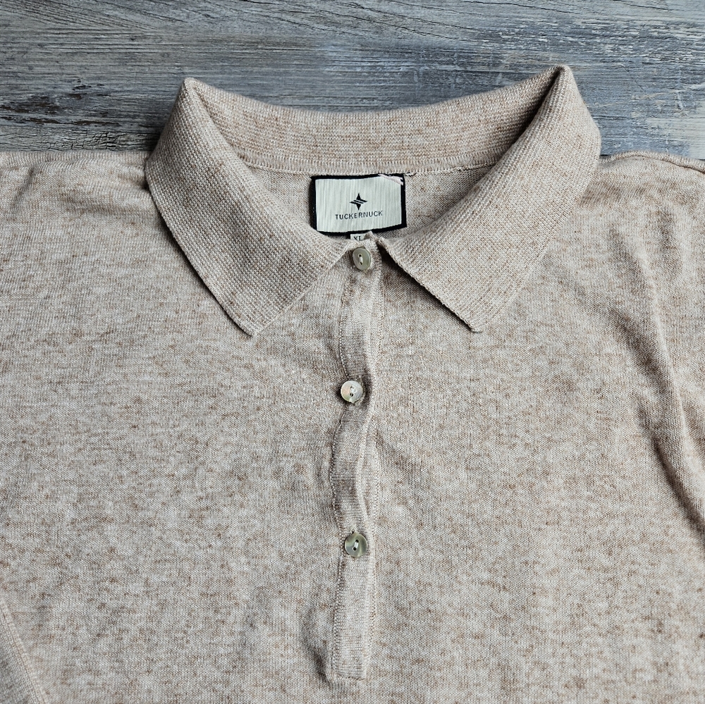 Tuckernuck Clayton Long Sleeve Knit Polo Tan Size XL/XXL Linen Blend - Picture 5 of 13